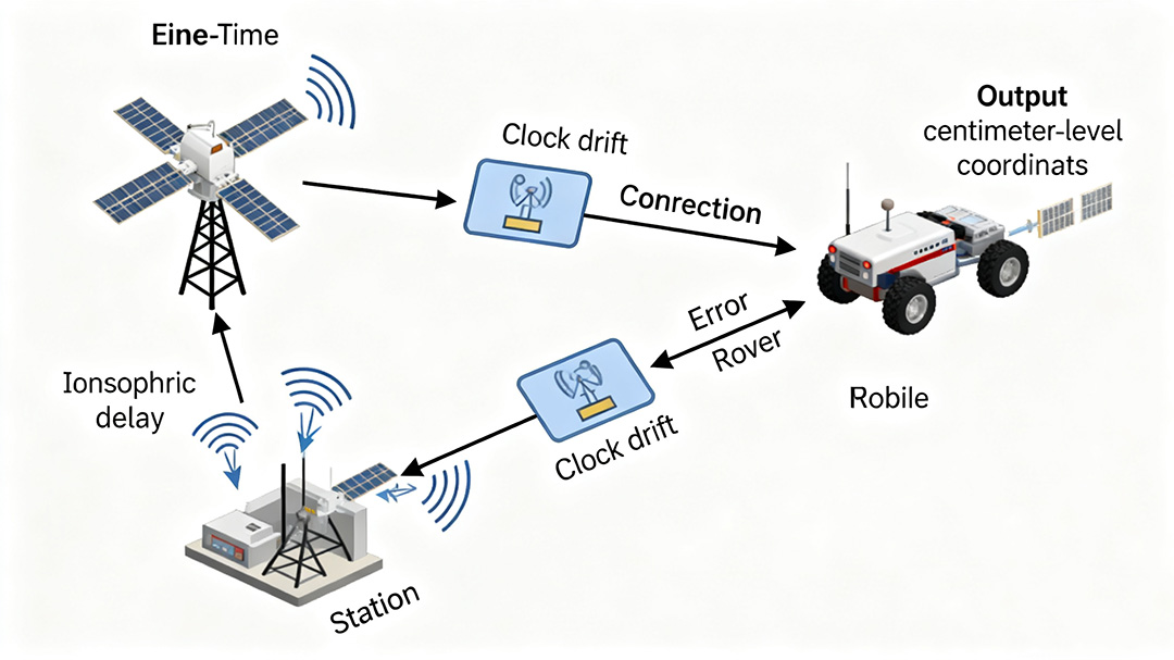 Diagram illustrating how Real-Time Kinematic (RTK) technology works with a base station sending corrections to a rover for centimeter-level GNSS accuracy.